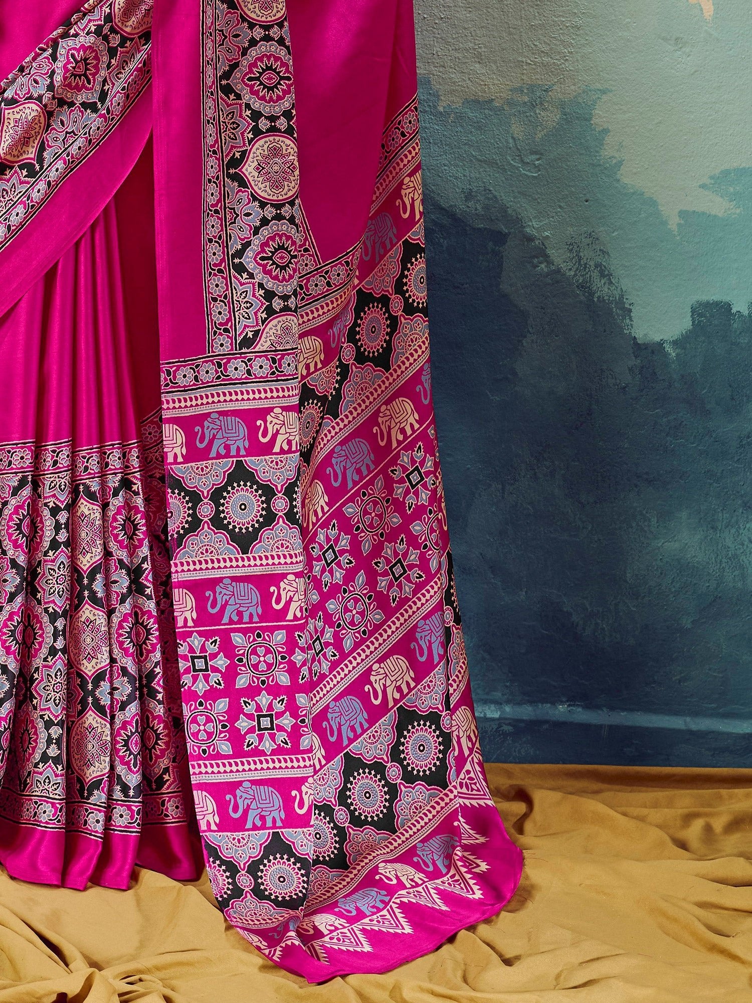 Pink Satin Ajrakh Printed Saree - Ressa