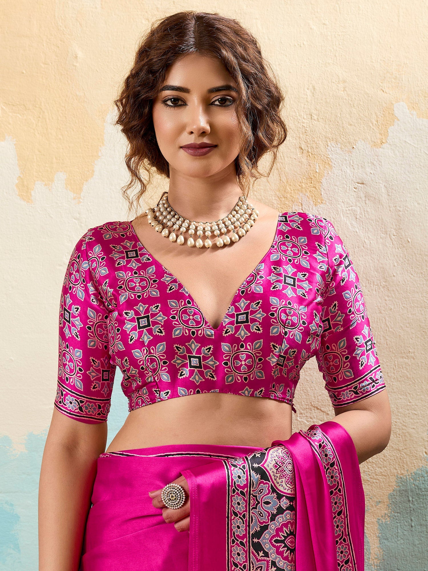 Pink Satin Ajrakh Printed Saree - Ressa