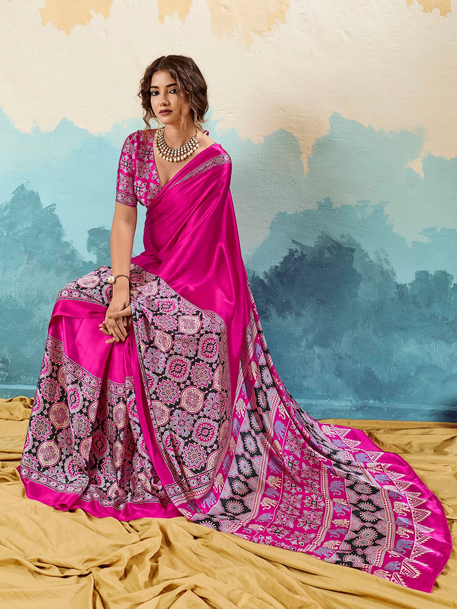 Pink Satin Ajrakh Printed Saree - Ressa