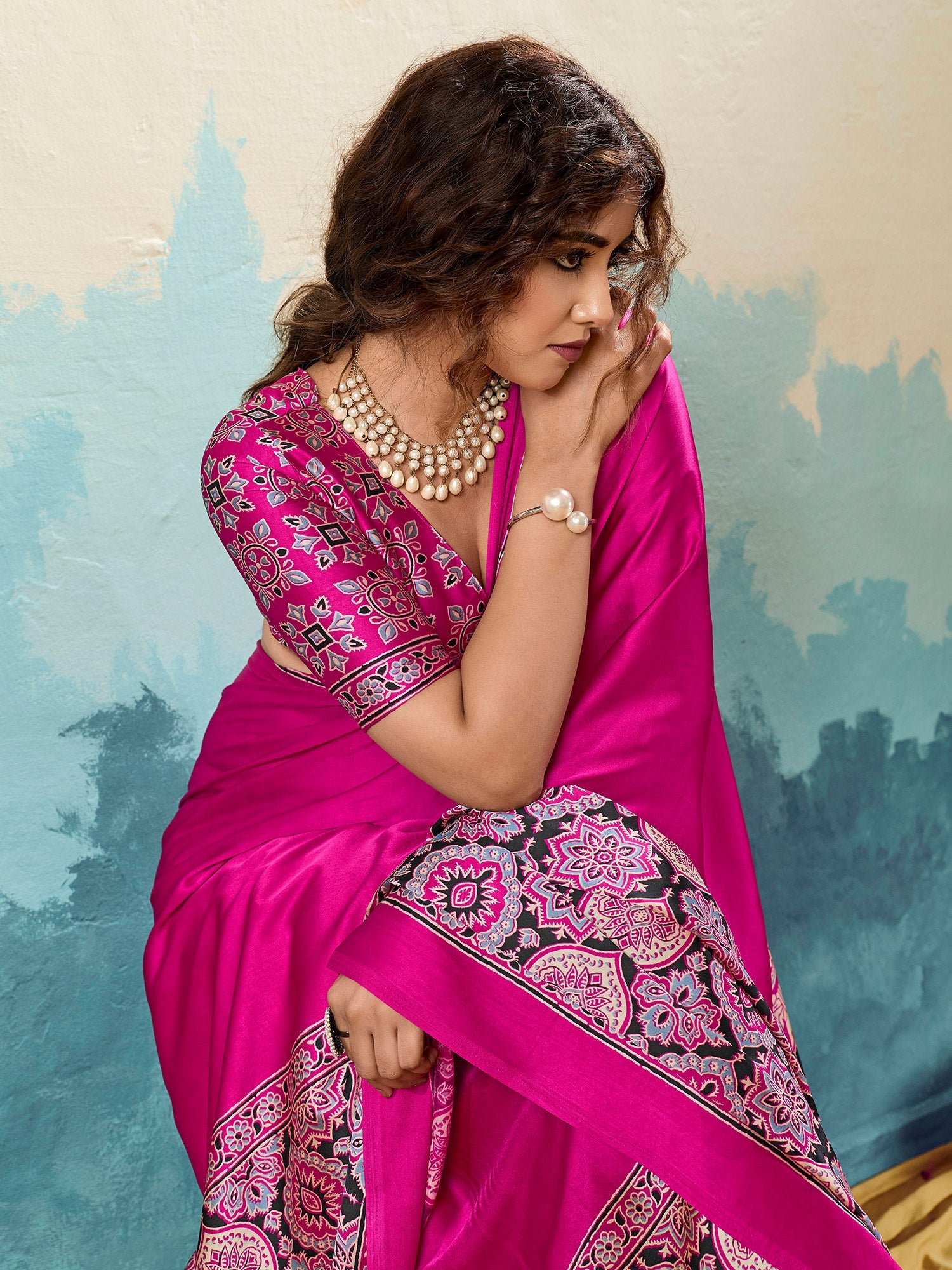 Pink Satin Ajrakh Printed Saree - Ressa