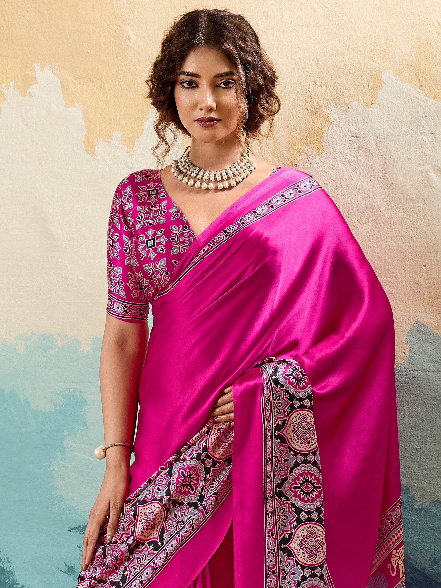 Pink Satin Ajrakh Printed Saree - Ressa