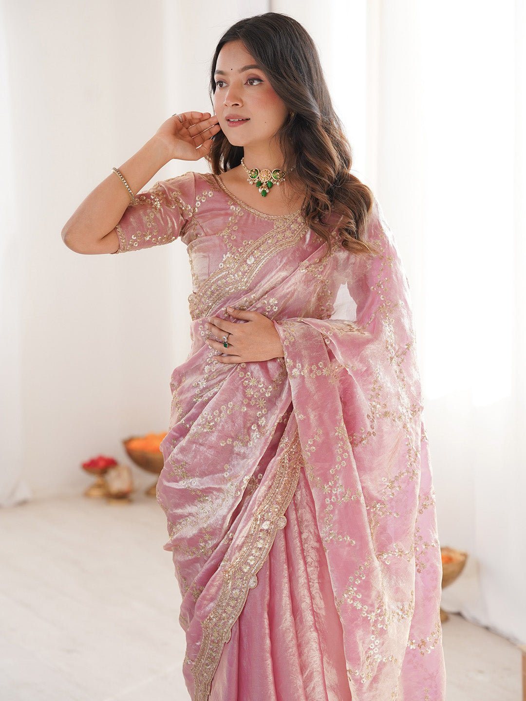 Pink Satin Emblished Party Wear Saree - Ressa