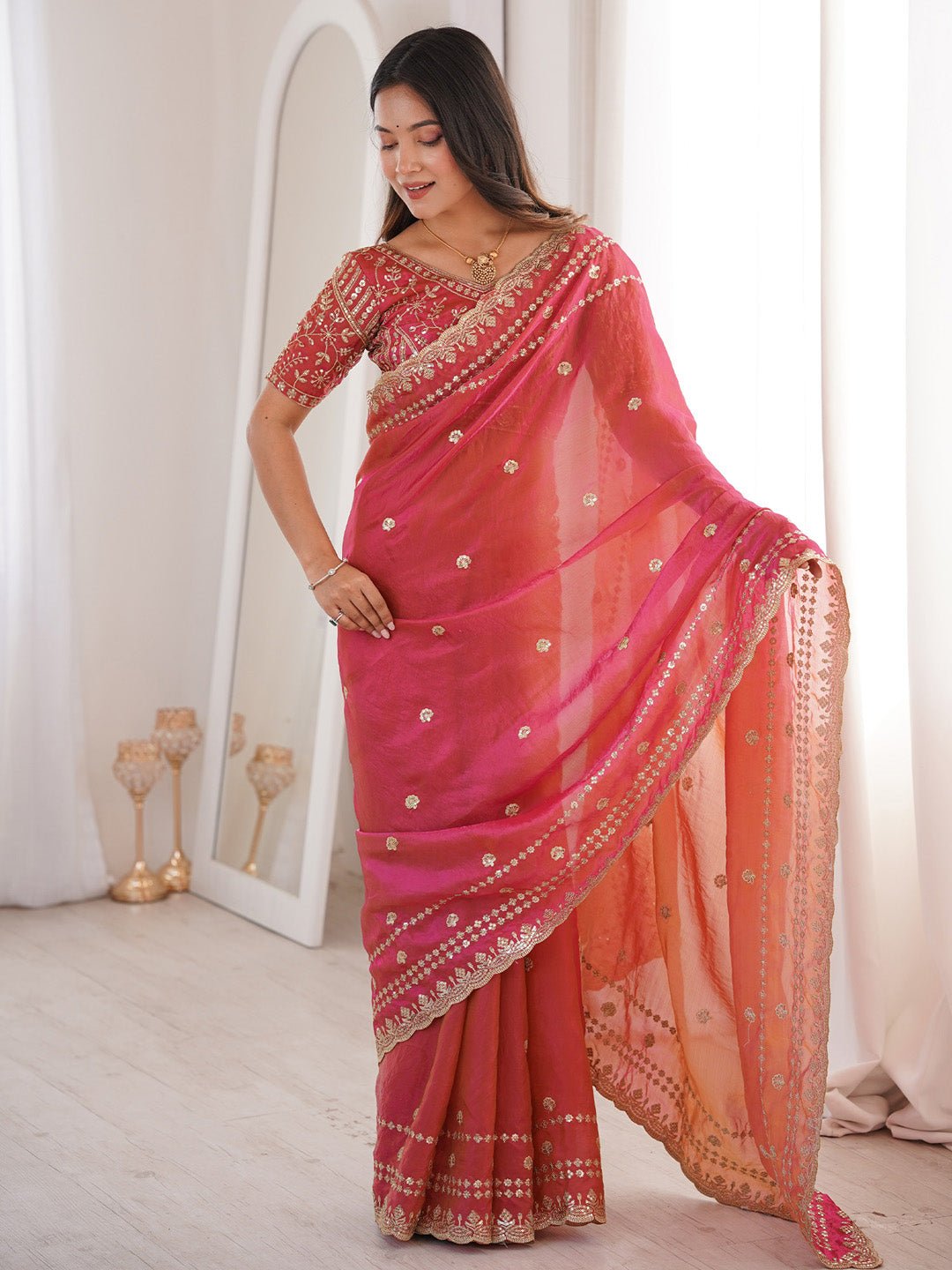Pink Satin Emblished Party Wear Saree - Ressa