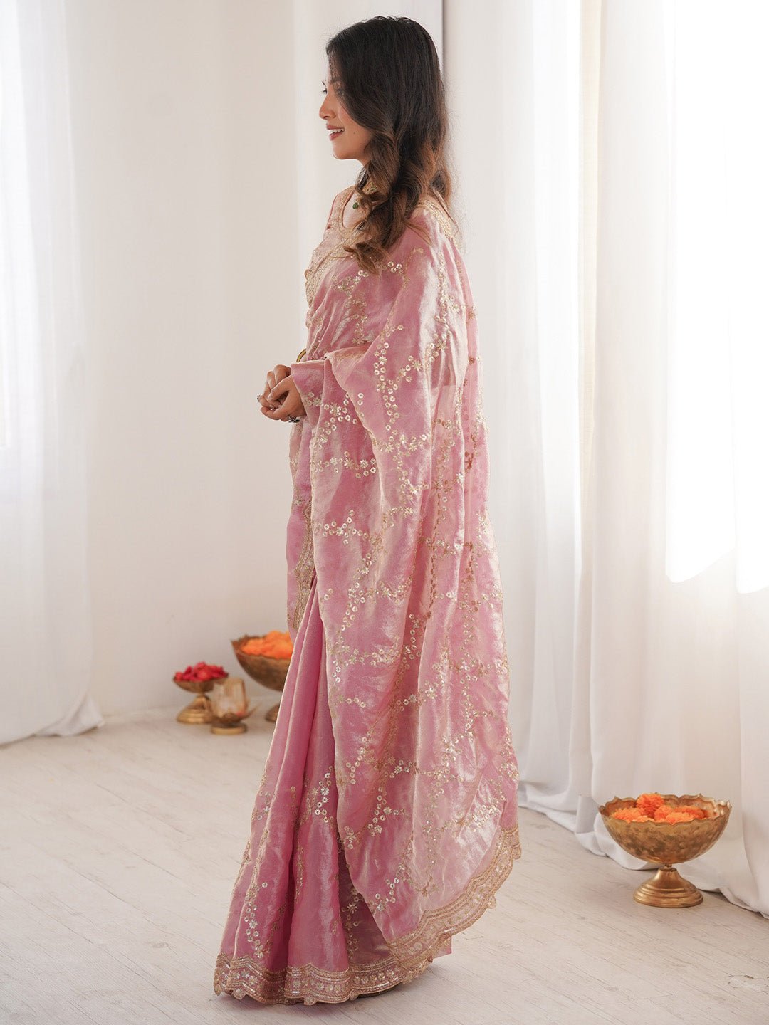 Pink Satin Emblished Party Wear Saree - Ressa