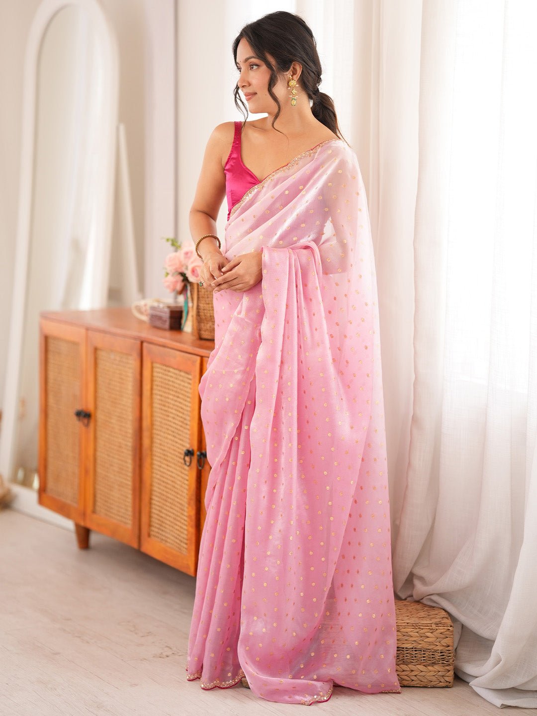 Pink Satin Emblished Party Wear Saree - Ressa