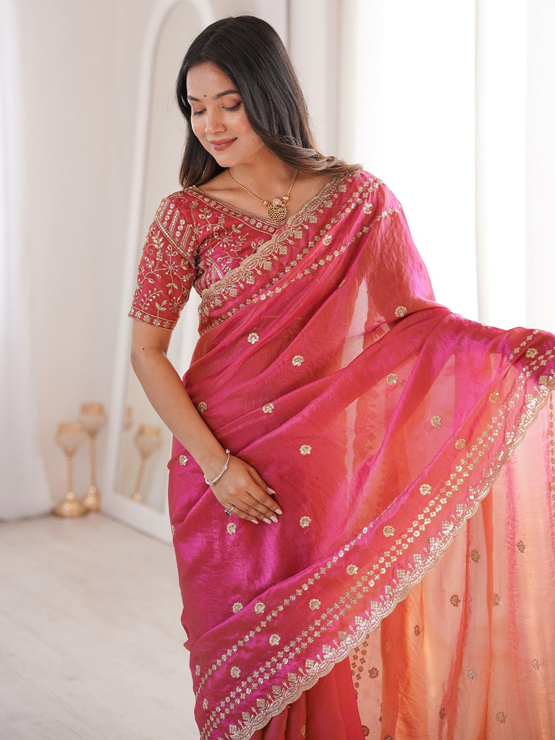 Pink Satin Emblished Party Wear Saree - Ressa