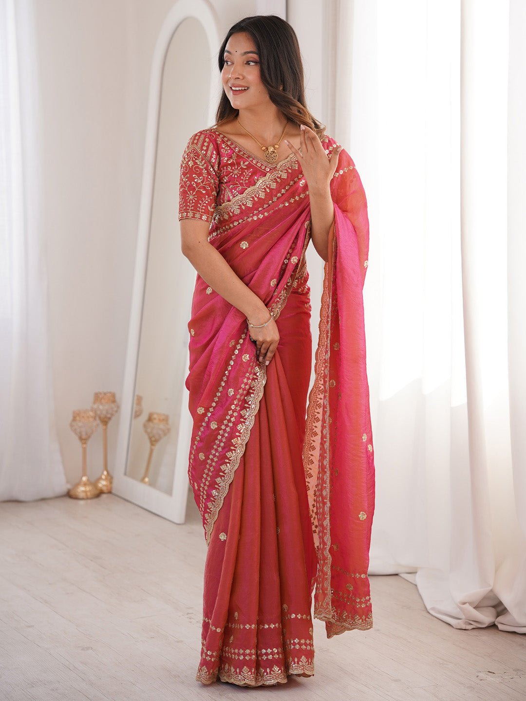 Pink Satin Emblished Party Wear Saree - Ressa