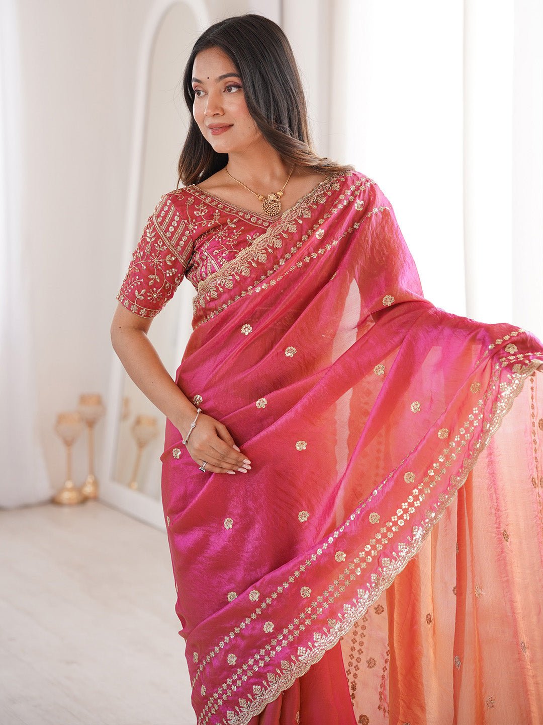 Pink Satin Emblished Party Wear Saree - Ressa