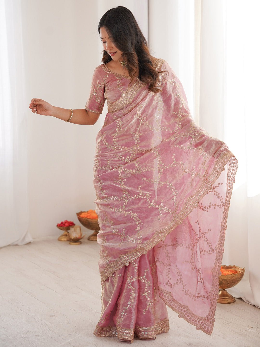 Pink Satin Emblished Party Wear Saree - Ressa