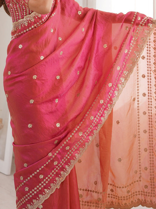 Pink Satin Emblished Party Wear Saree - Ressa