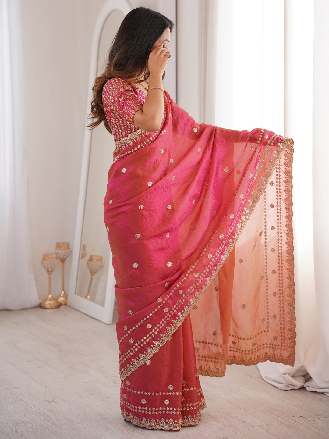 Pink Satin Emblished Party Wear Saree - Ressa