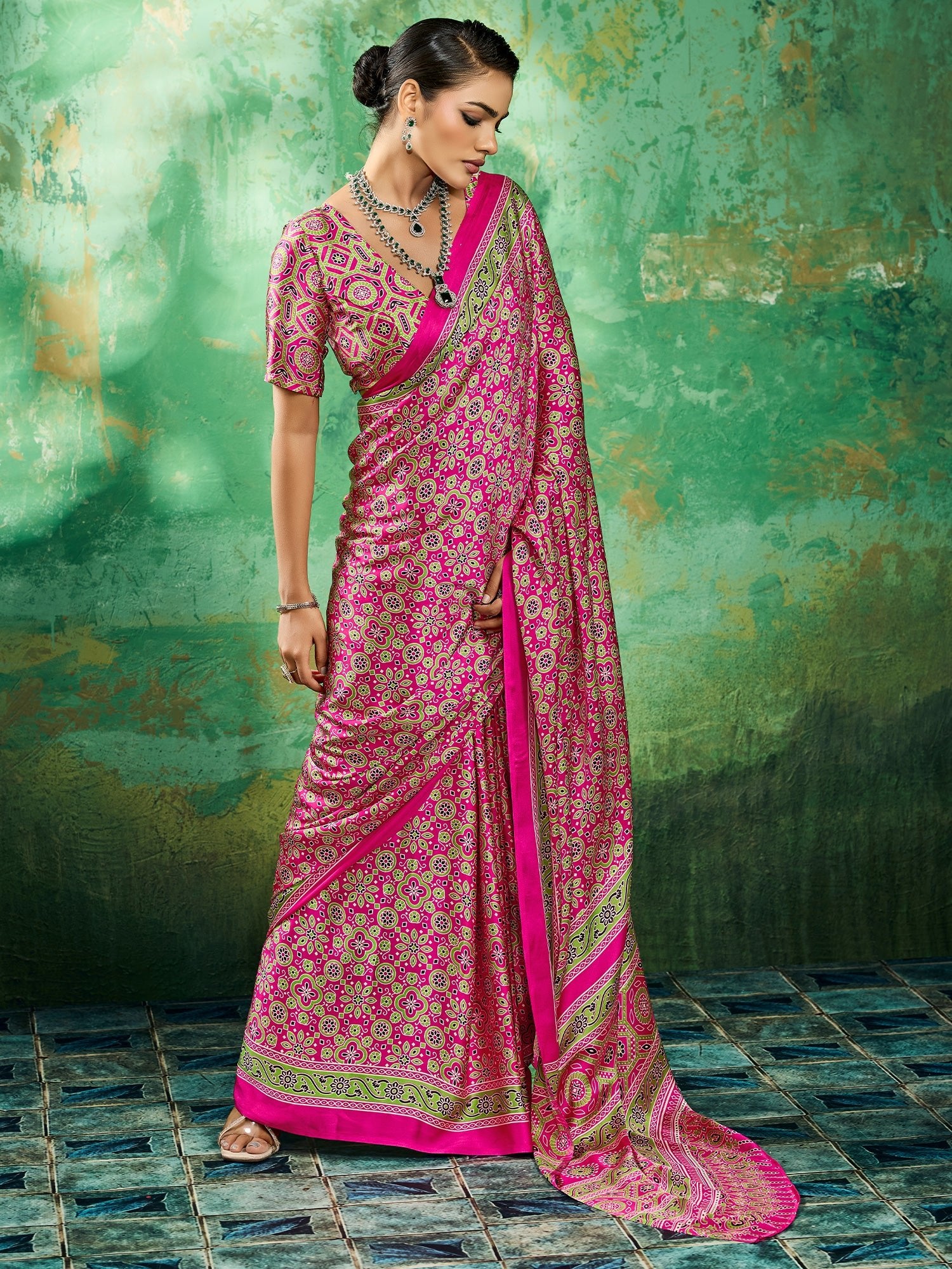 Pink Satin Silk Block Printed Saree - Ressa