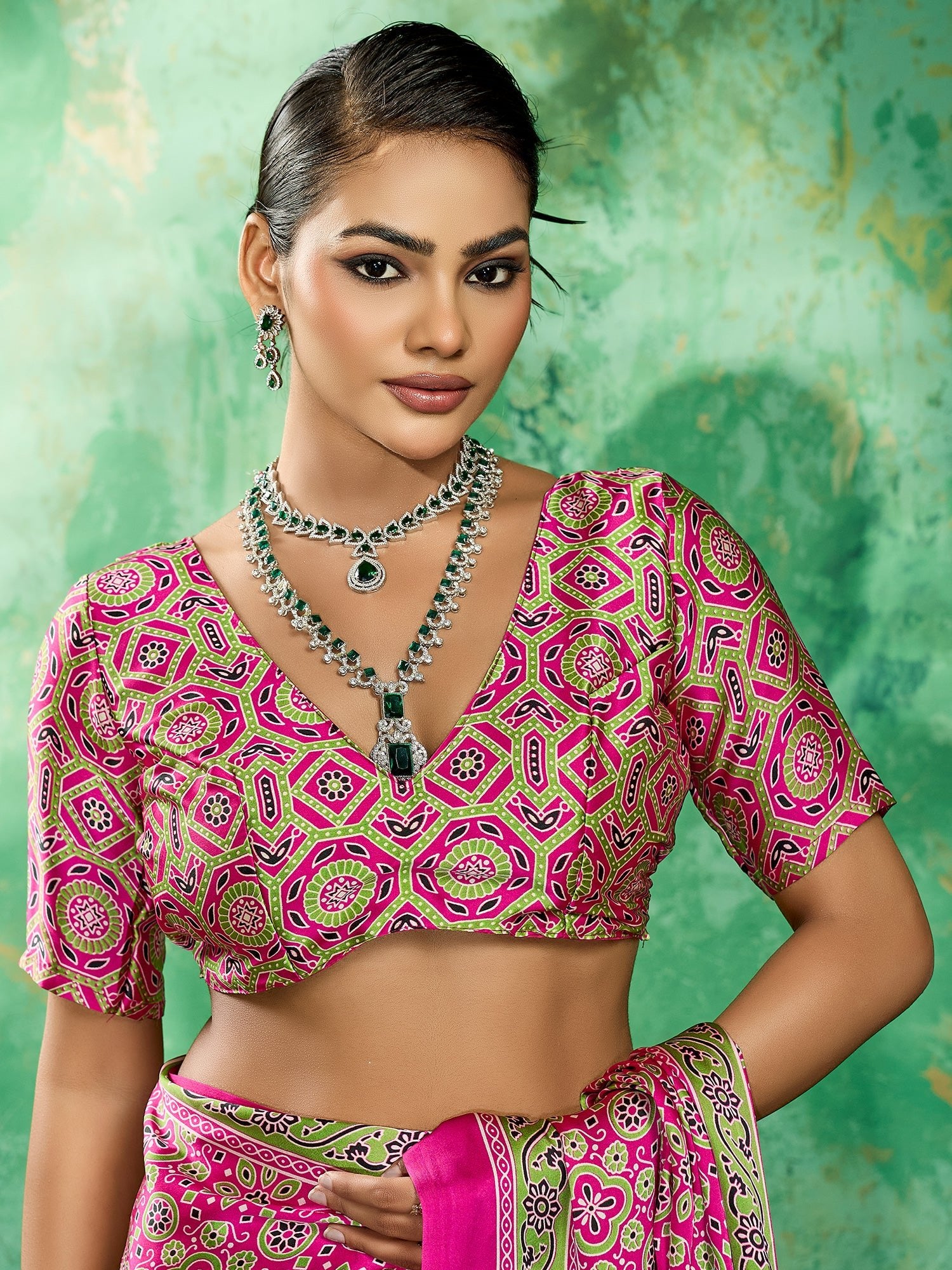 Pink Satin Silk Block Printed Saree - Ressa