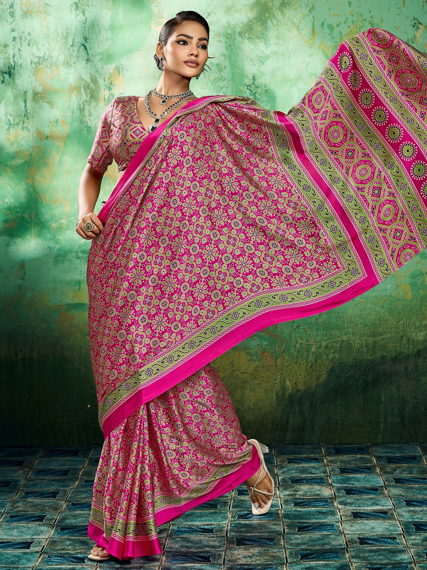 Pink Satin Silk Block Printed Saree - Ressa