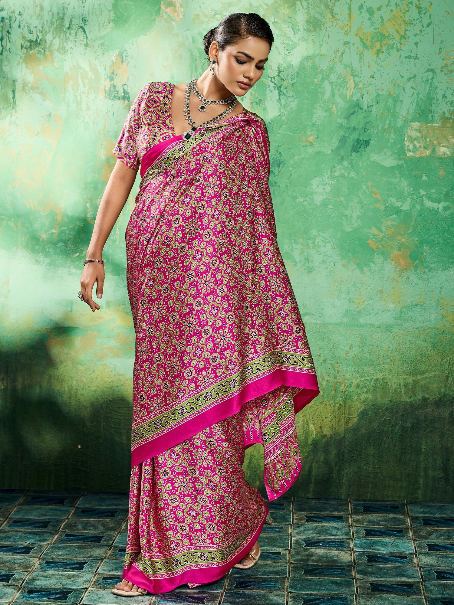 Pink Satin Silk Block Printed Saree - Ressa