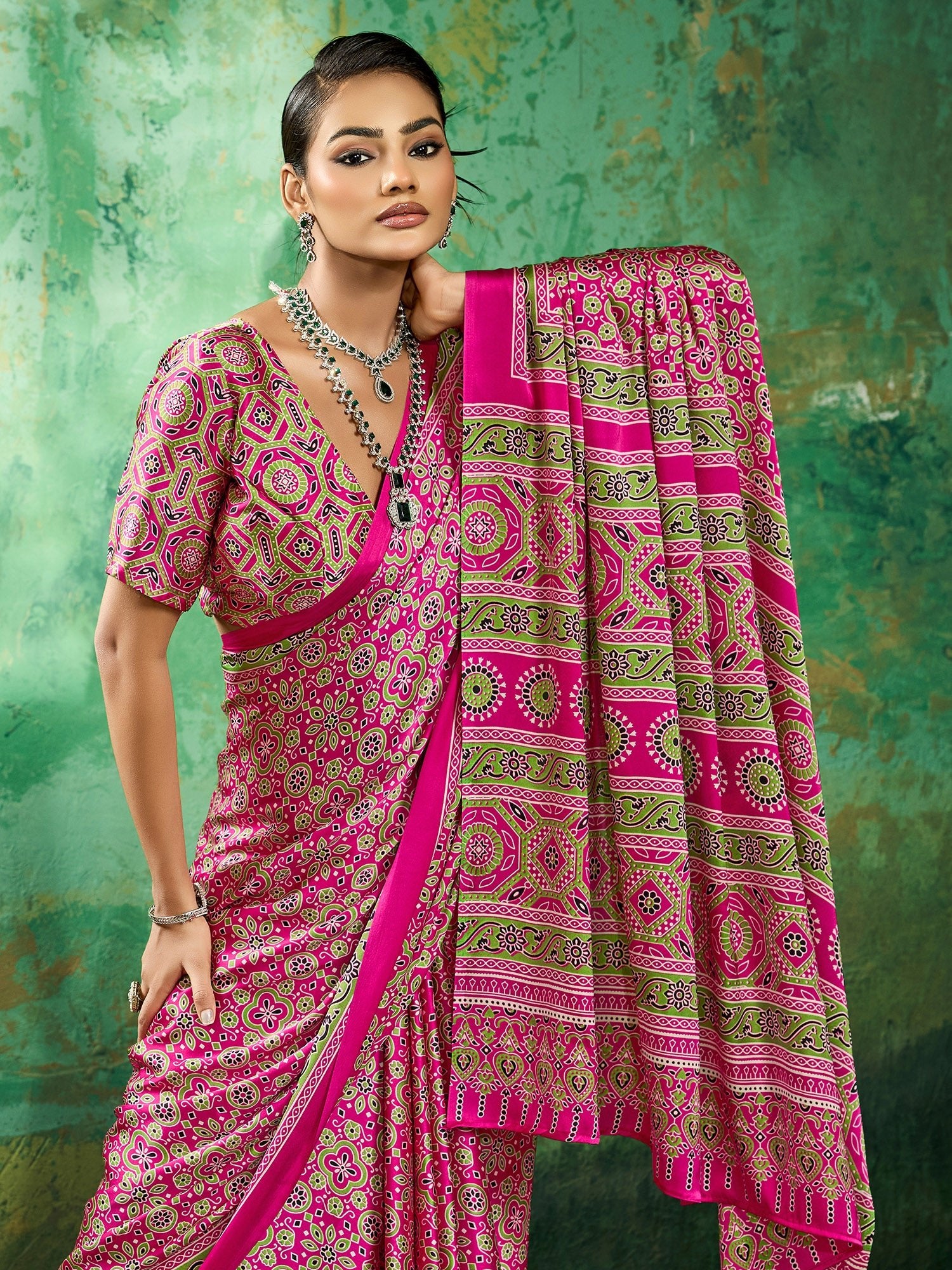 Pink Satin Silk Block Printed Saree - Ressa