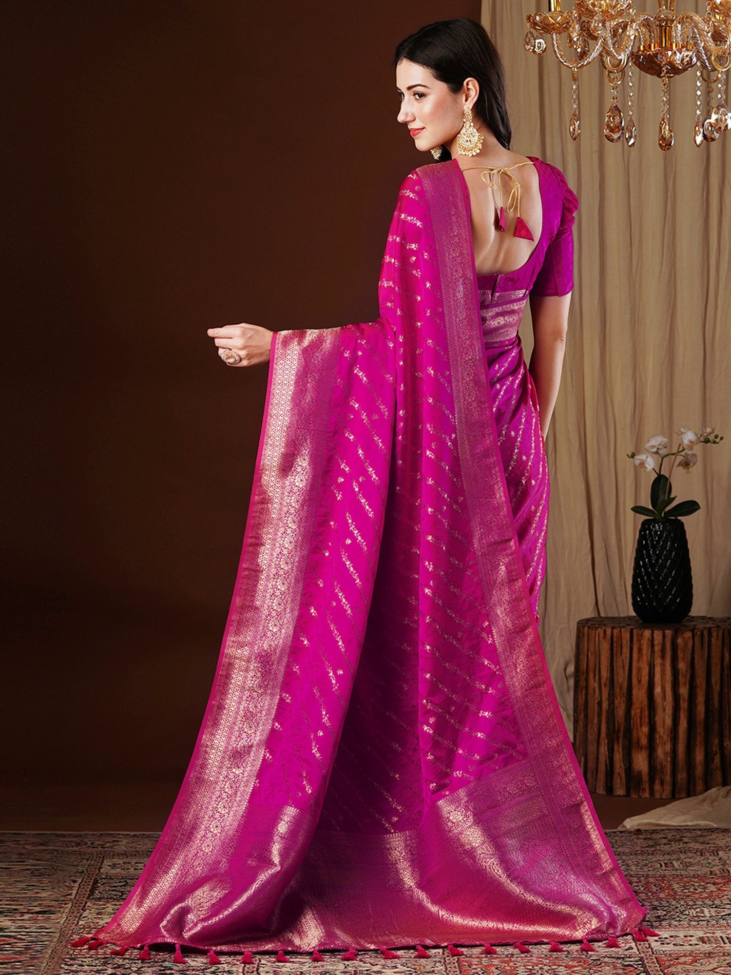 Pink Satin Silk With Zari Weave Saree - Ressa