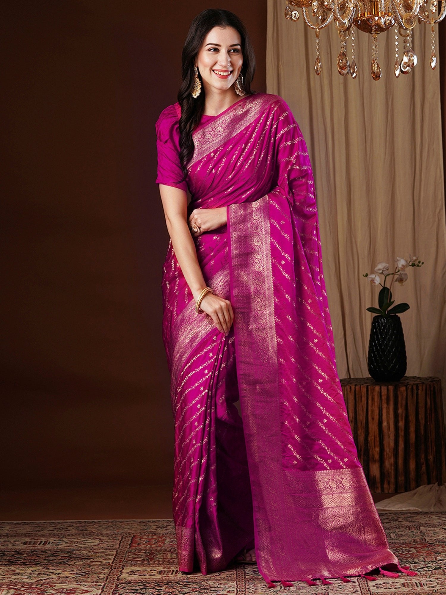 Pink Satin Silk With Zari Weave Saree - Ressa