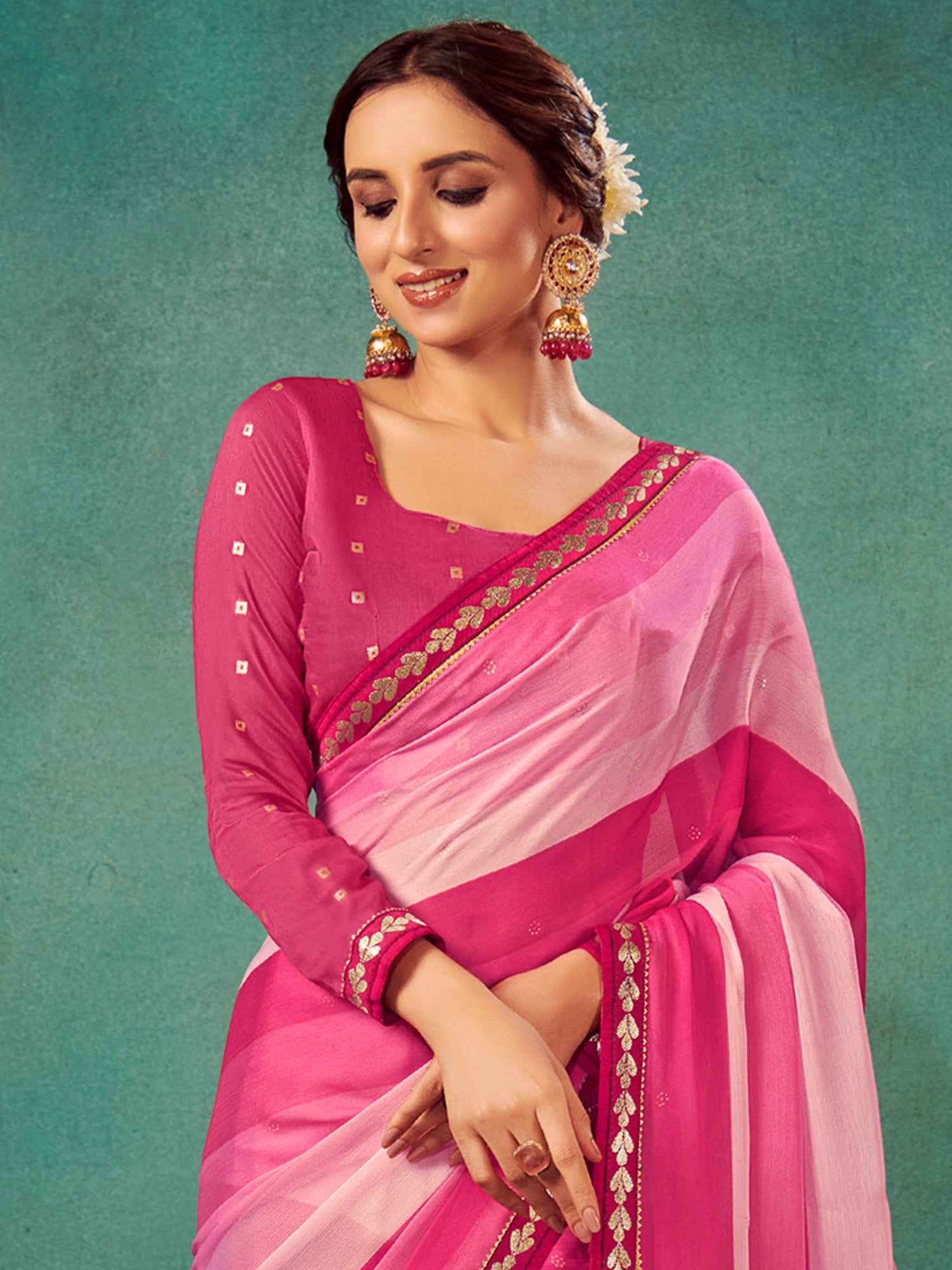 Pink Shades Chiffon Striped Print Saree - Ressa