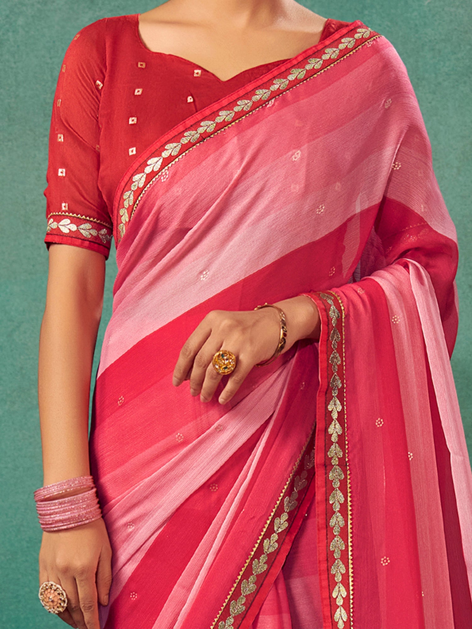 Pink Shades Silk Blend Horizontal Striped Print Saree - Ressa