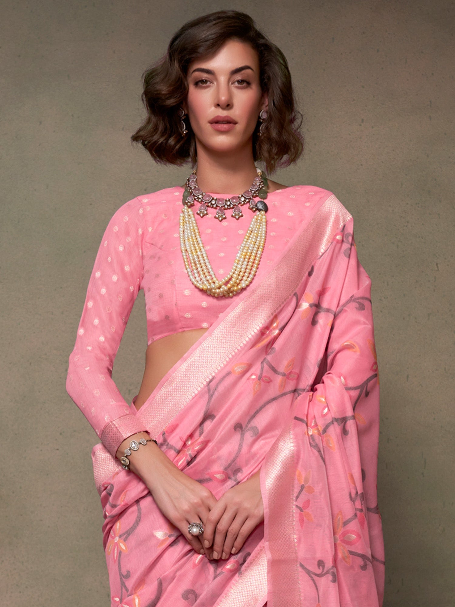 Pink Silk Blend Banarasi Saree - Ressa