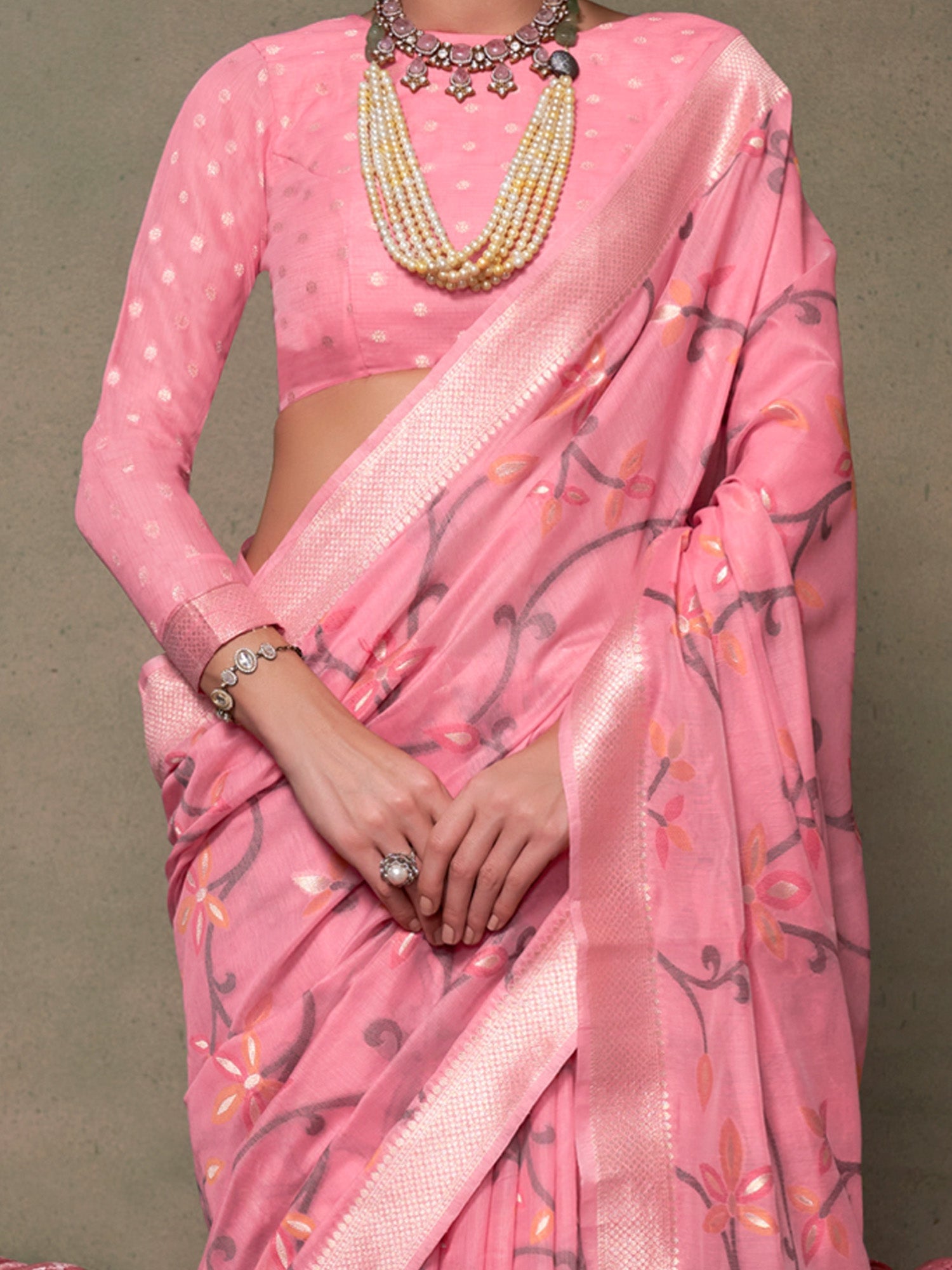 Pink Silk Blend Banarasi Saree - Ressa