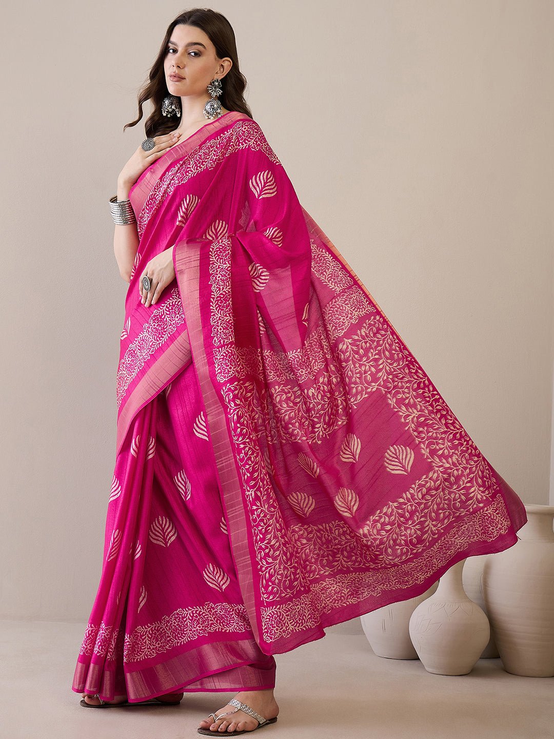 Pink Silk Blend Batik Printed Saree - Ressa