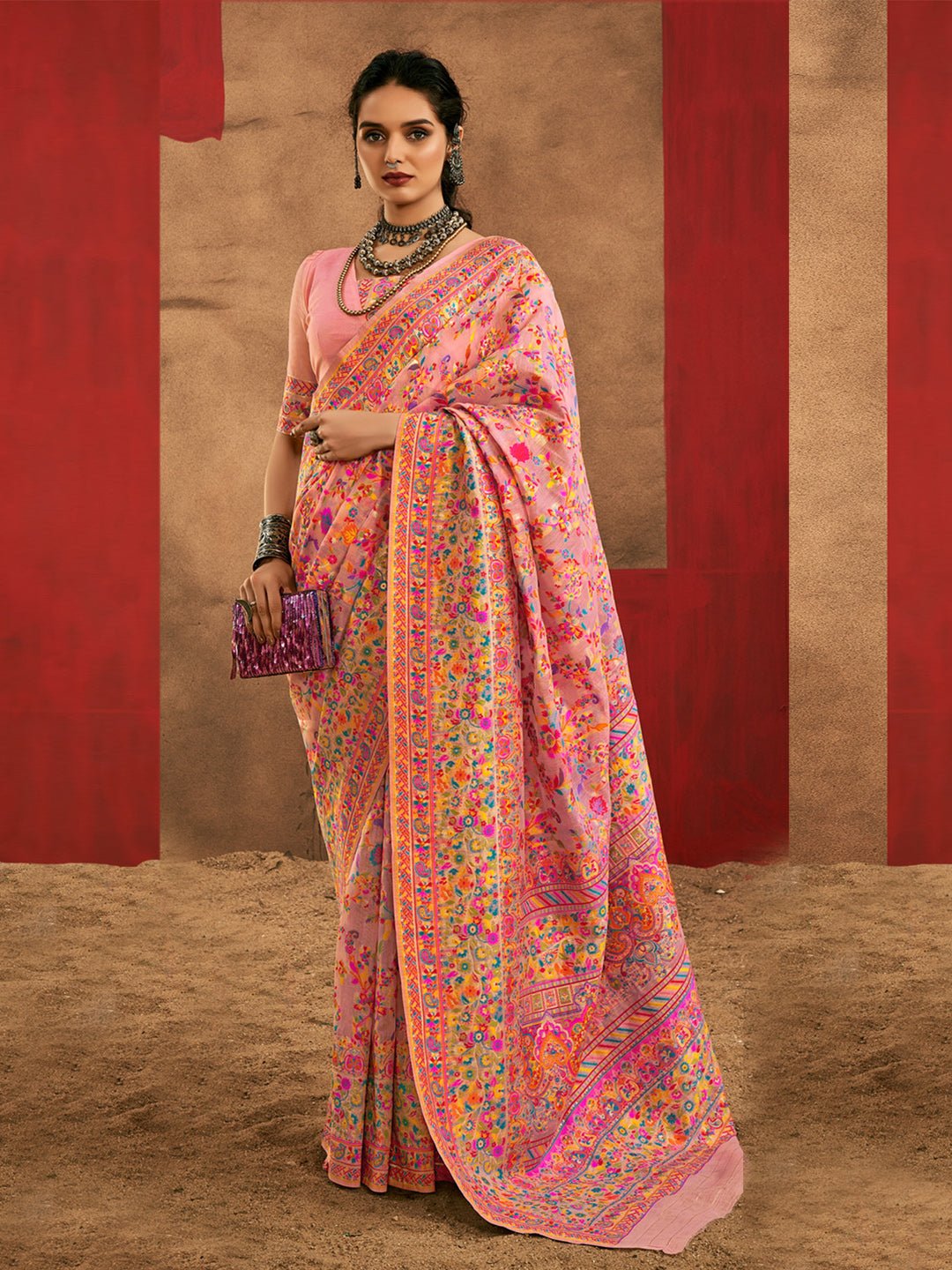 Pink Silk Blend Heritage Floral Print Handloom Aesthetic - Ressa