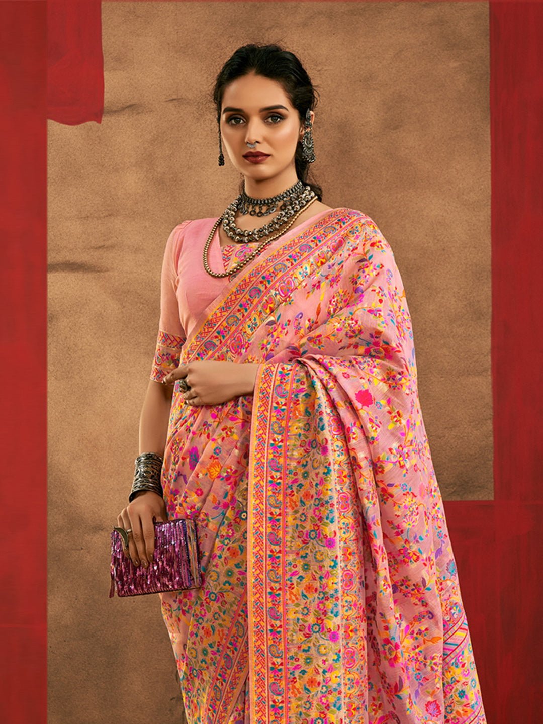 Pink Silk Blend Heritage Floral Print Handloom Aesthetic - Ressa