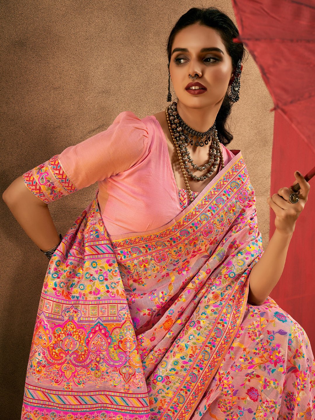 Pink Silk Blend Heritage Floral Print Handloom Aesthetic - Ressa