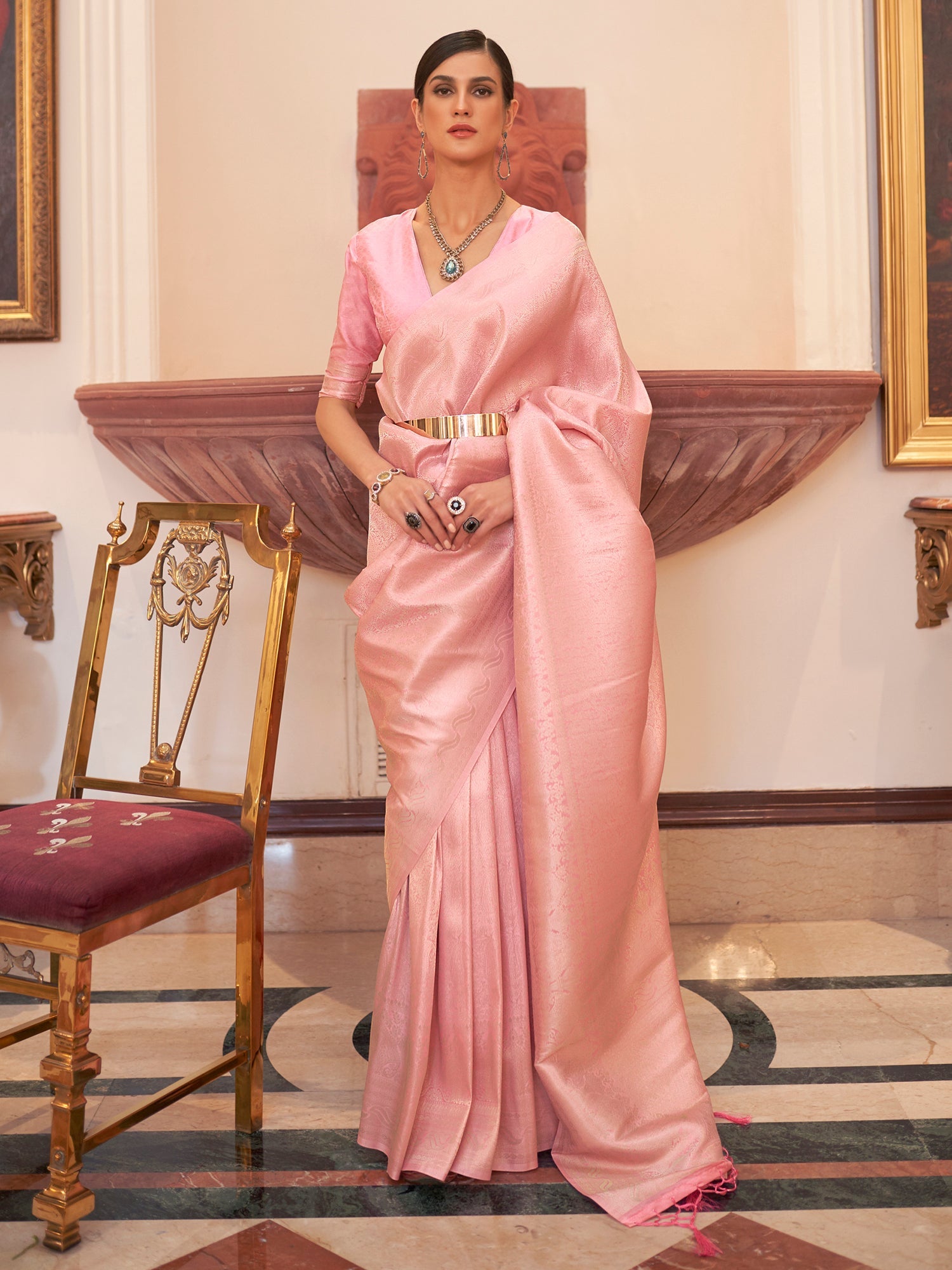 Pink Silk Blend Heritage Handloom Style Saree - Ressa