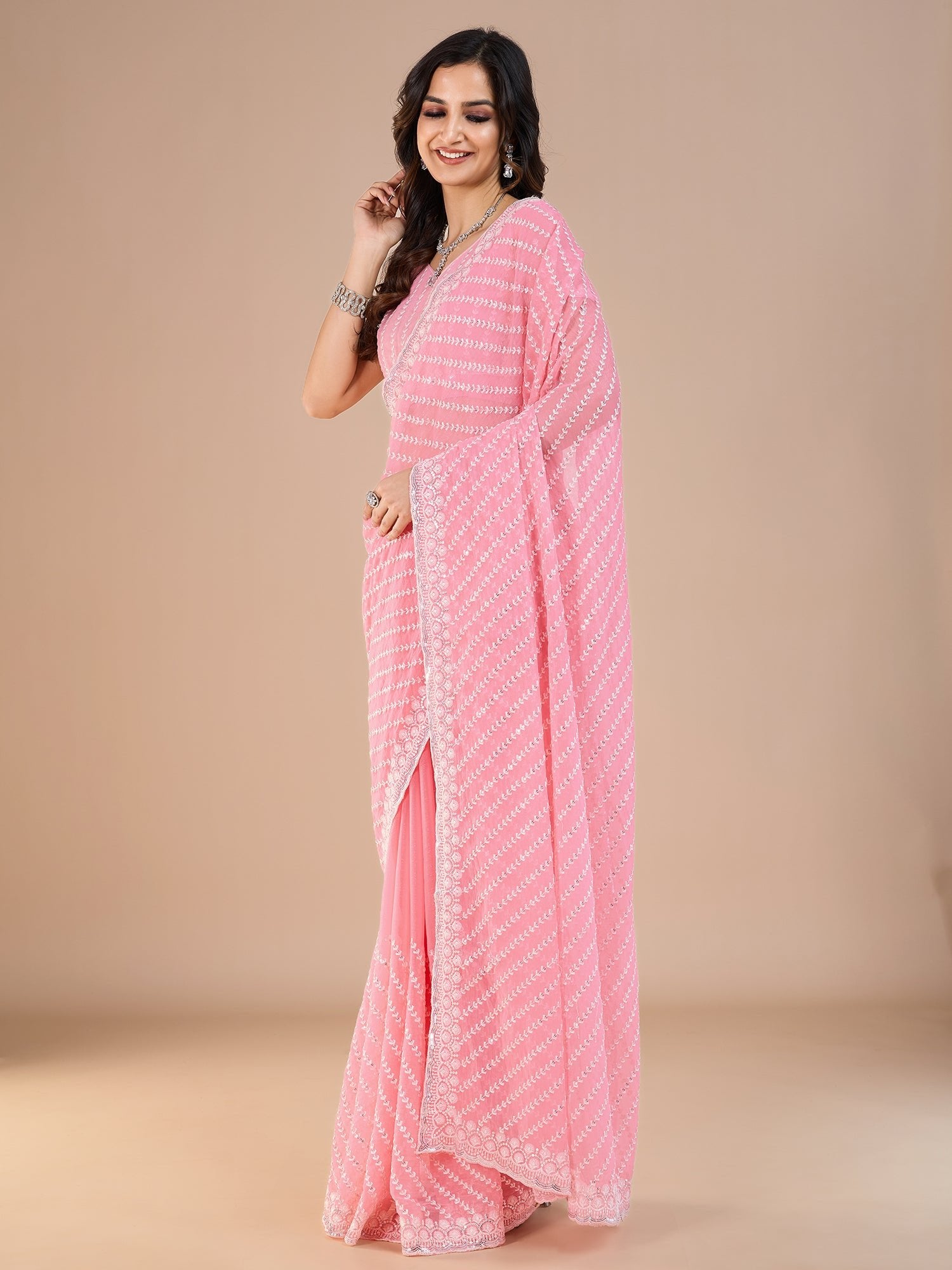 Pink Silk Blend Sequin Embroidery Leheriya Pattern Bollywood Style Blouse Saree - Ressa
