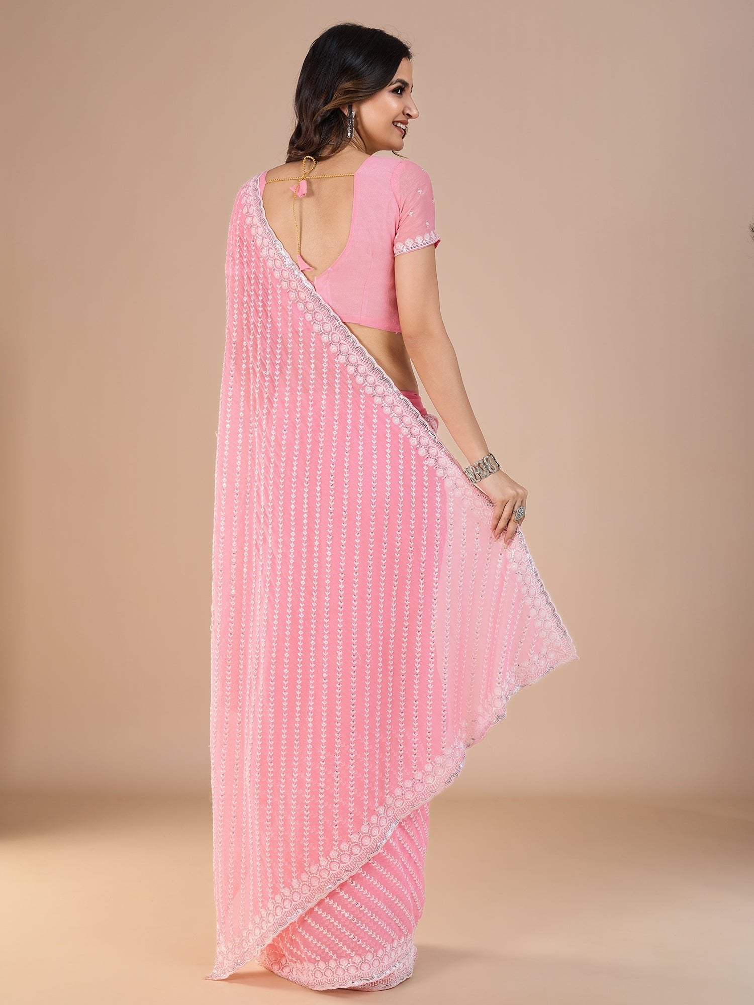 Pink Silk Blend Sequin Embroidery Leheriya Pattern Bollywood Style Blouse Saree - Ressa