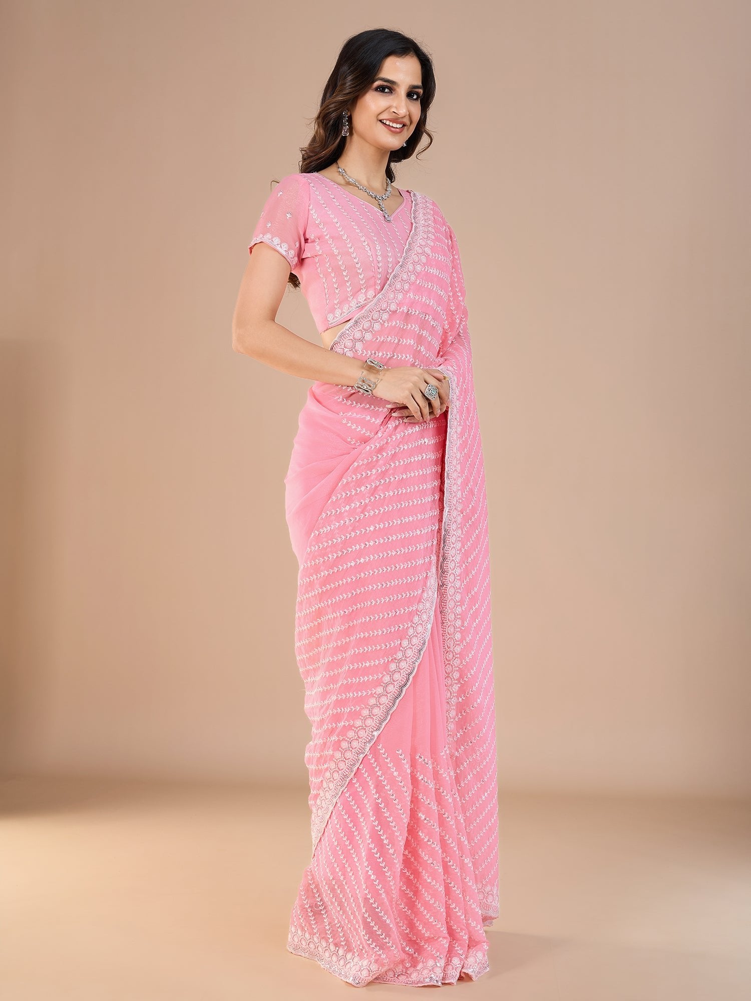 Pink Silk Blend Sequin Embroidery Leheriya Pattern Bollywood Style Blouse Saree - Ressa