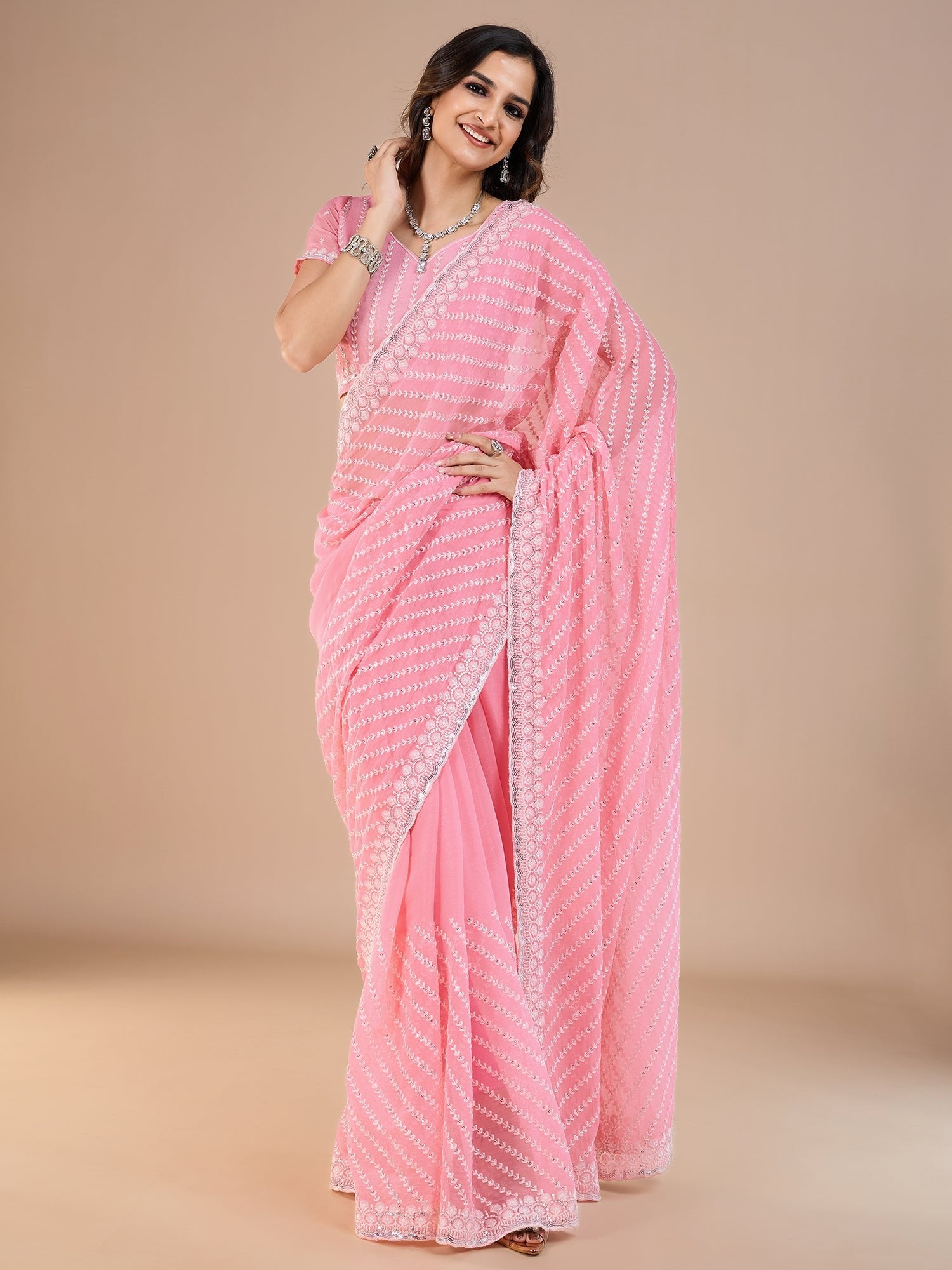 Pink Silk Blend Sequin Embroidery Leheriya Pattern Bollywood Style Blouse Saree - Ressa