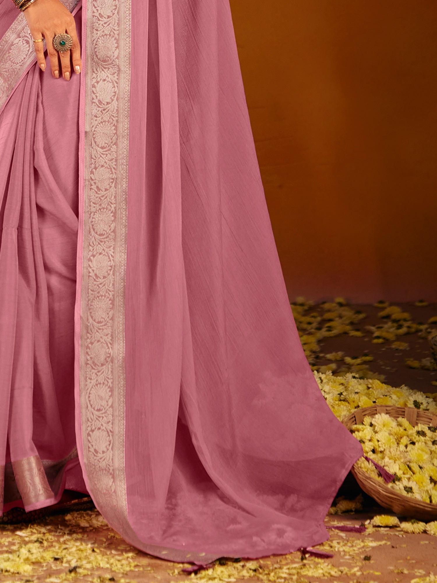 Pink Silk Saree with Zari Border - Ressa