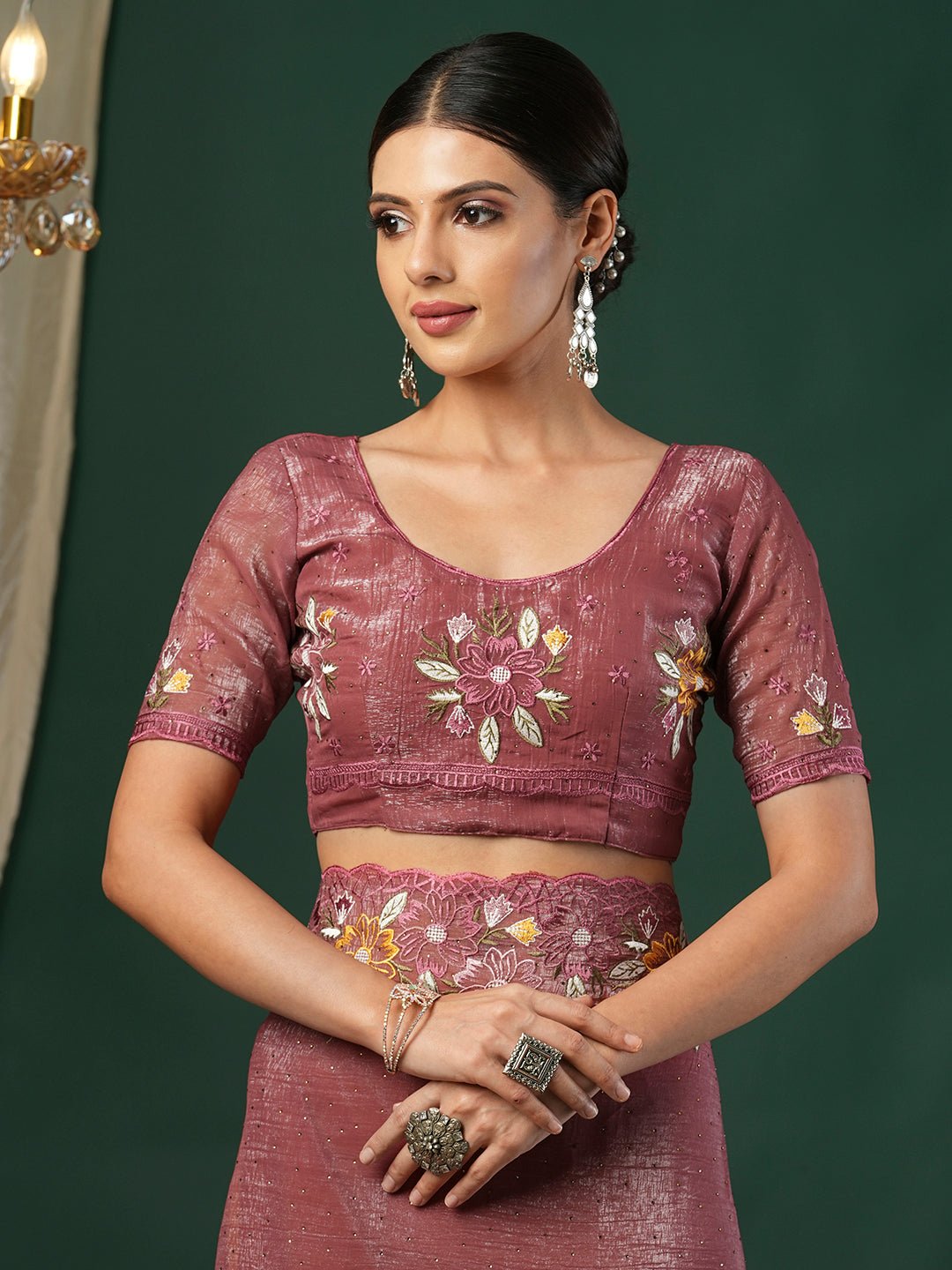 Pink Tissue Embroidery Floral Border Saree - Ressa