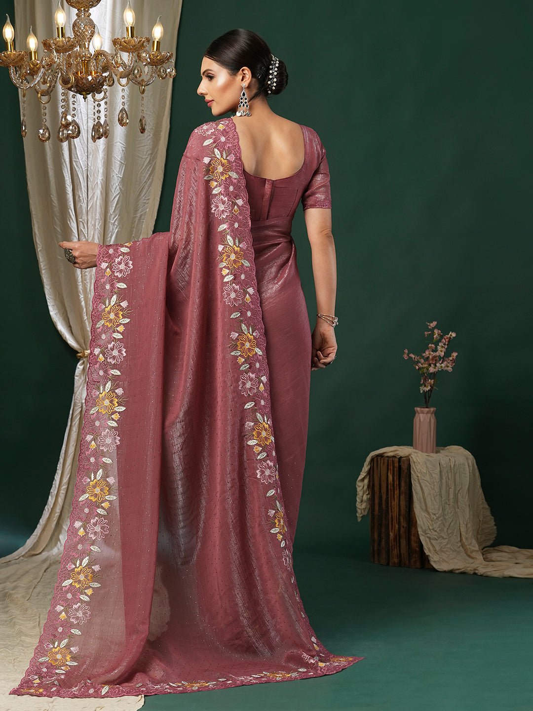 Pink Tissue Embroidery Floral Border Saree - Ressa