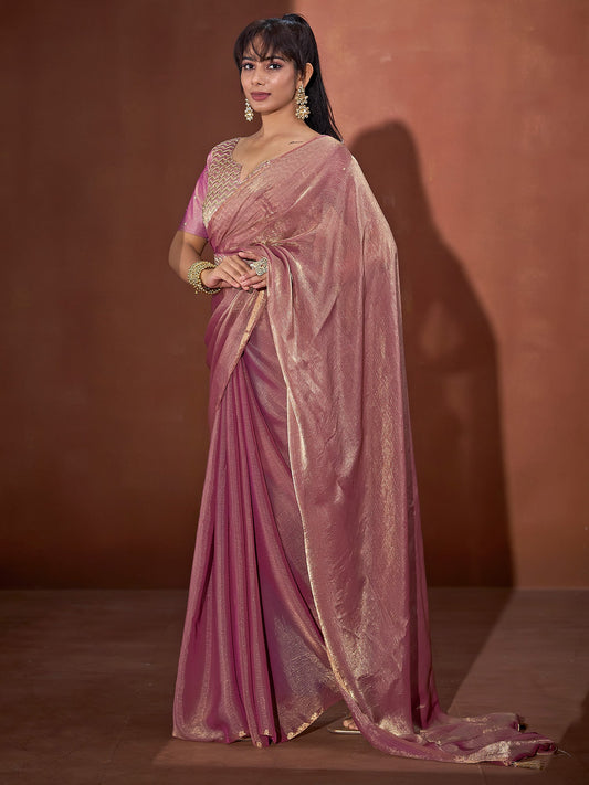 Pink Tissue Saree with Sequin Embroidered Blouse - Ressa