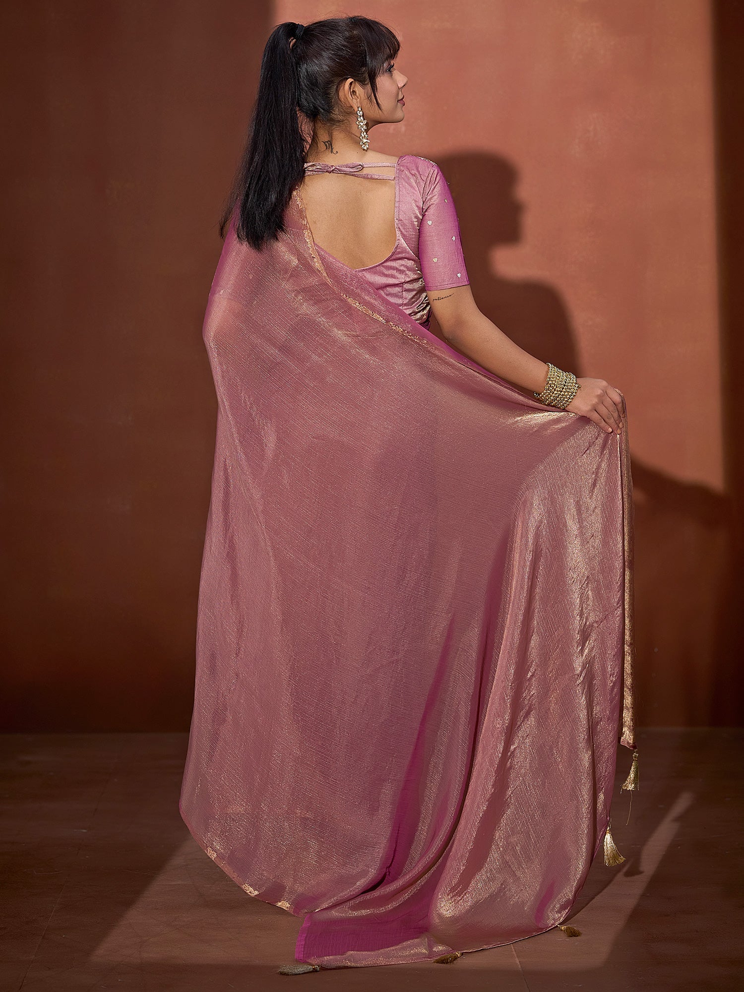 Pink Tissue Saree with Sequin Embroidered Blouse - Ressa