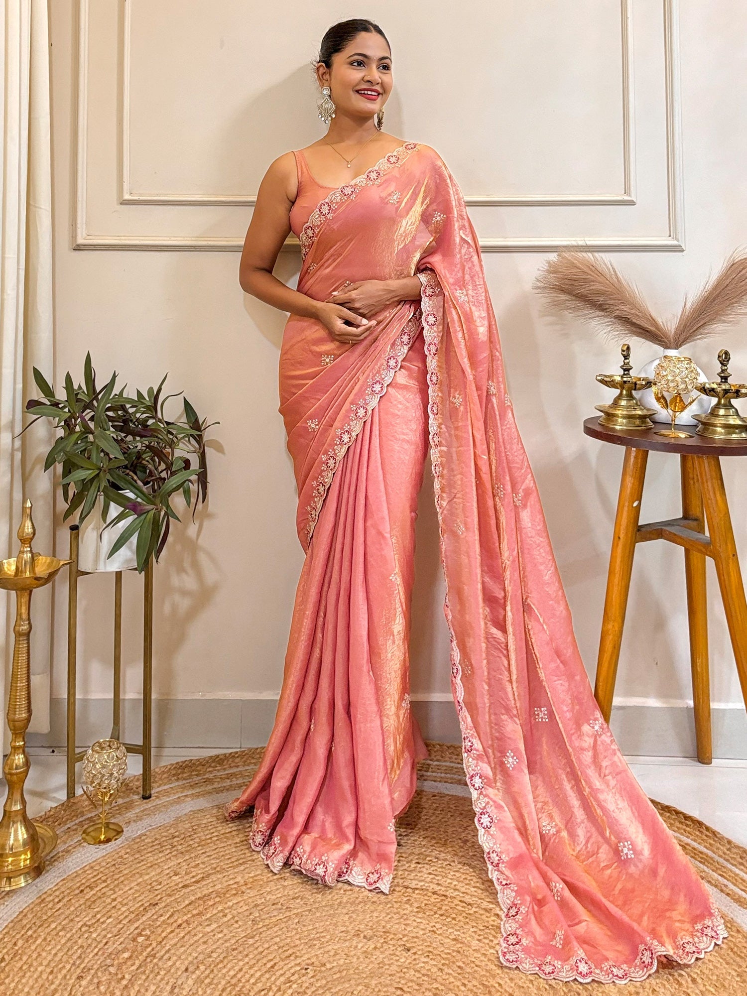 Pink Tissue Silk Embroidered Saree - Ressa