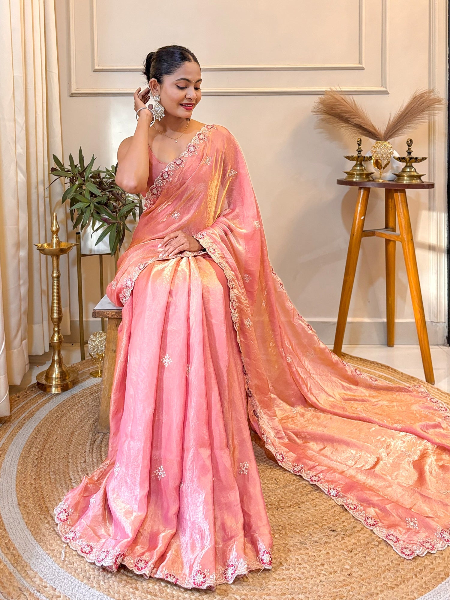 Pink Tissue Silk Embroidered Saree - Ressa