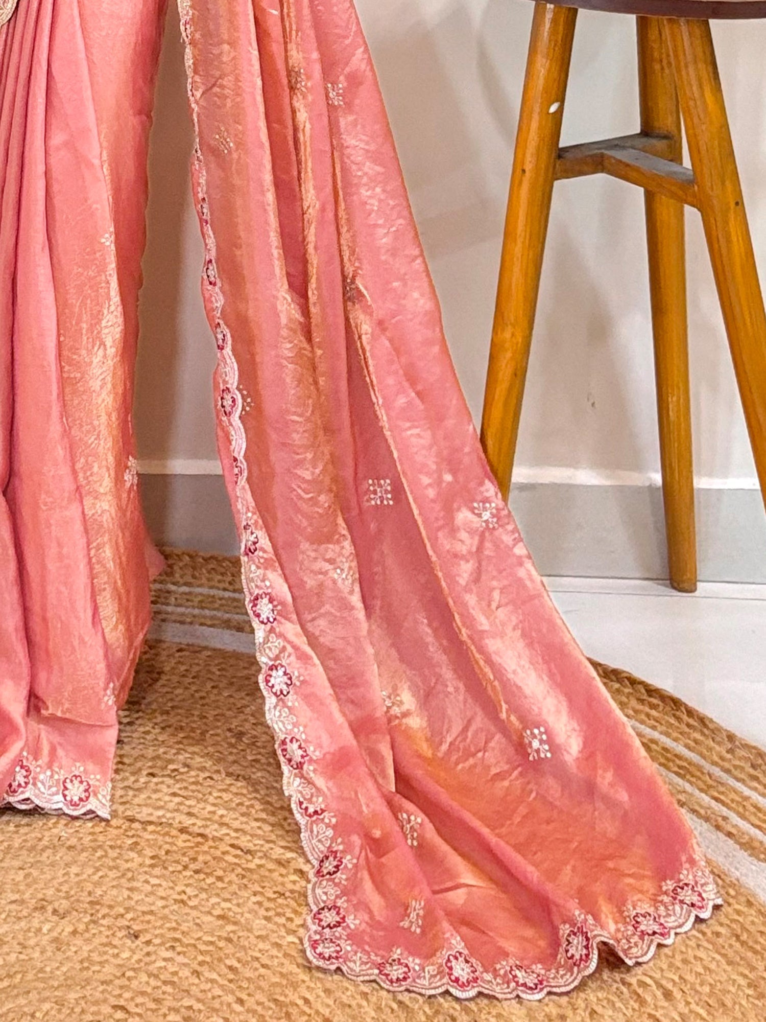 Pink Tissue Silk Embroidered Saree - Ressa
