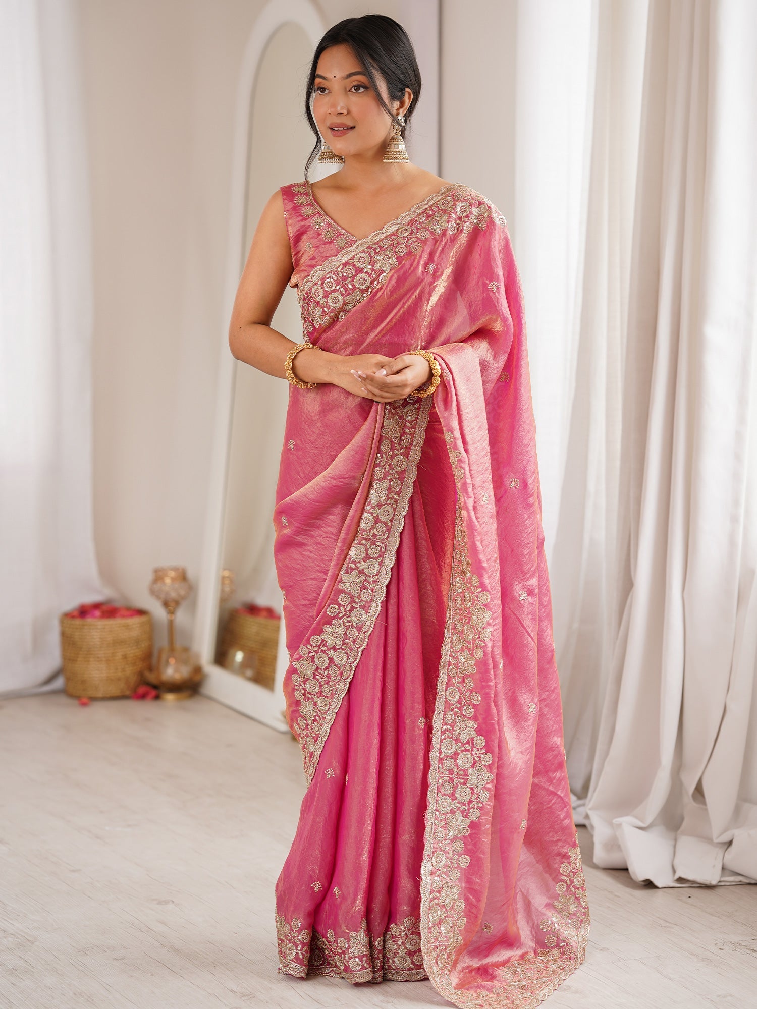 Pink Tissue Silk Saree with Embroidered Border - Ressa