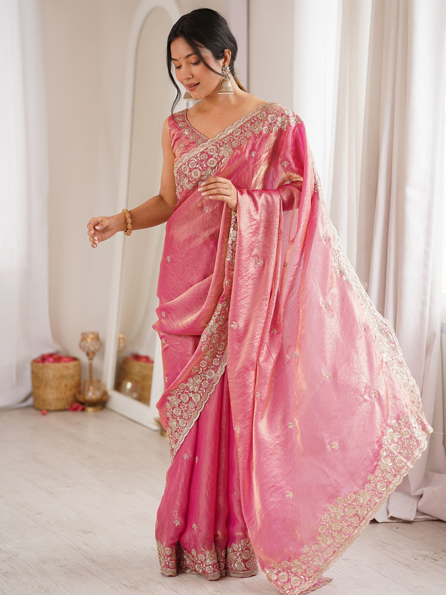 Pink Tissue Silk Saree with Embroidered Border - Ressa