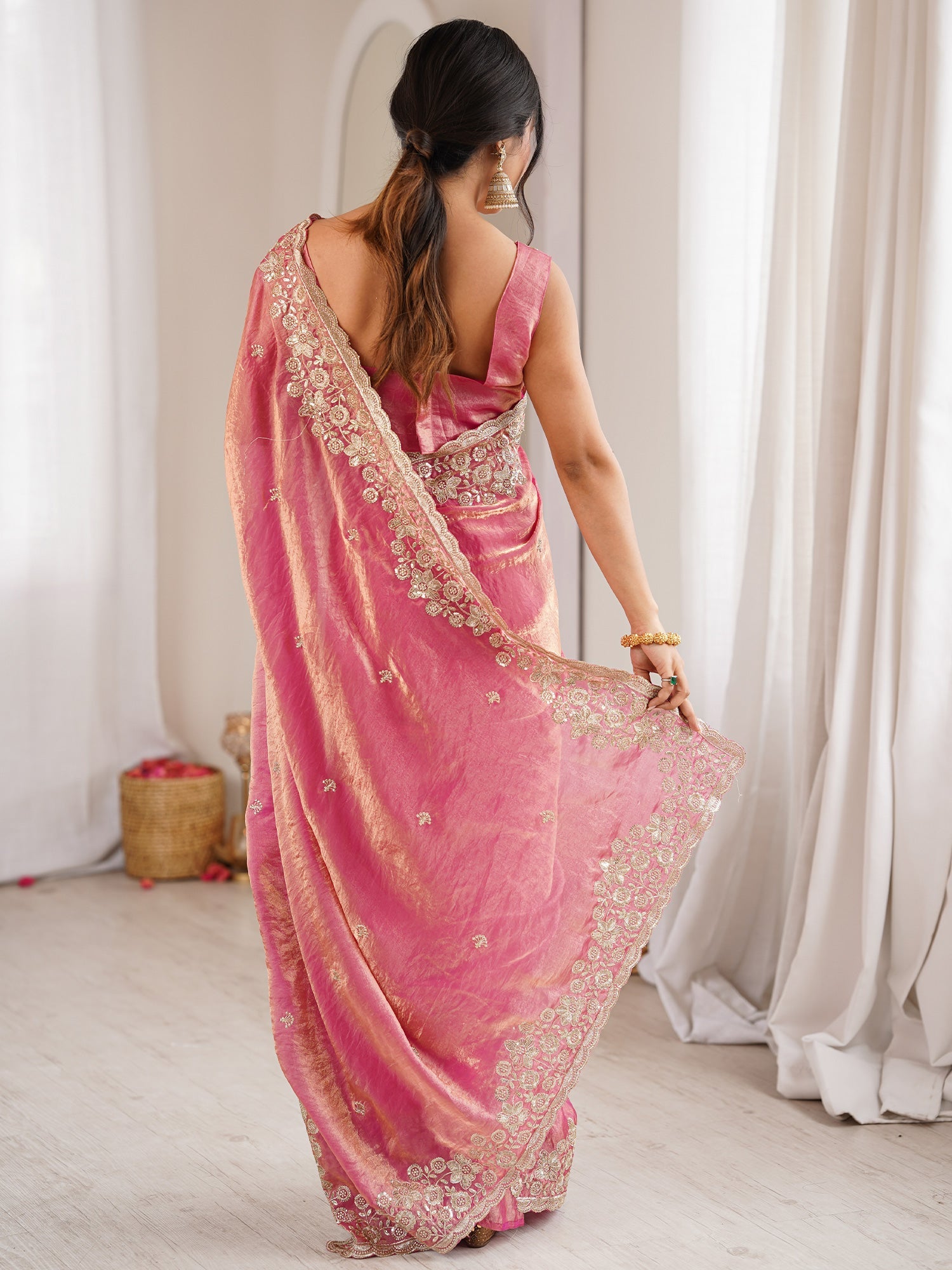 Pink Tissue Silk Saree with Embroidered Border - Ressa