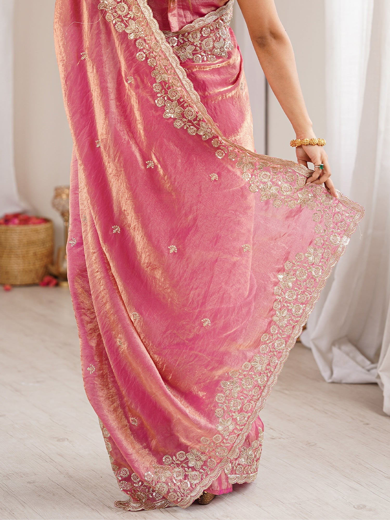 Pink Tissue Silk Saree with Embroidered Border - Ressa