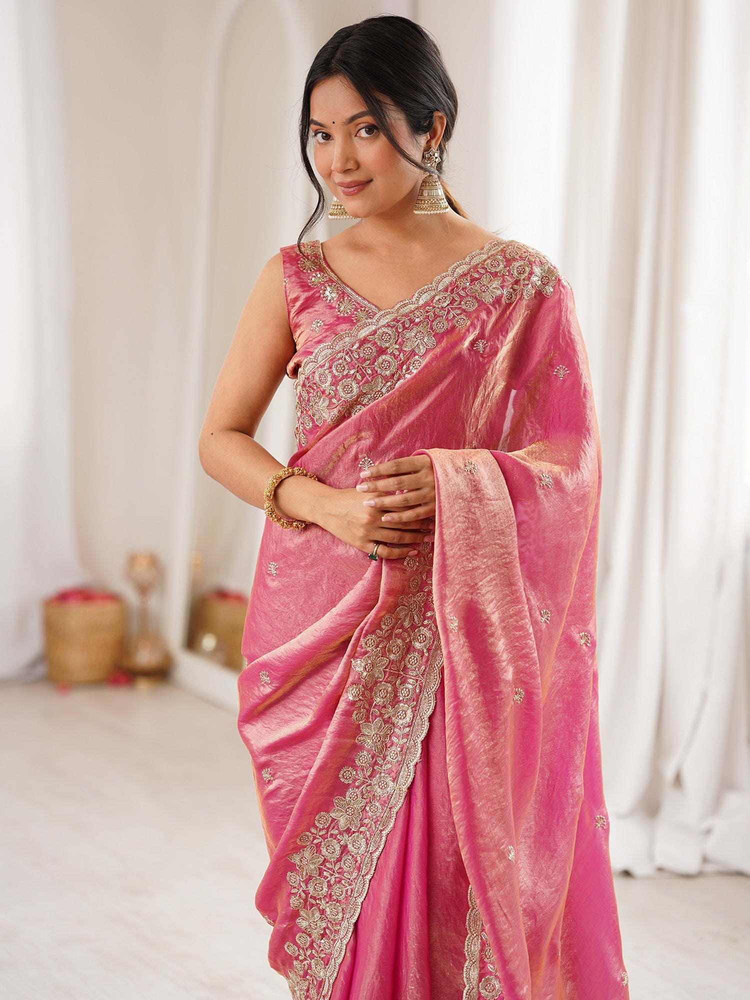 Pink Tissue Silk Saree with Embroidered Border - Ressa