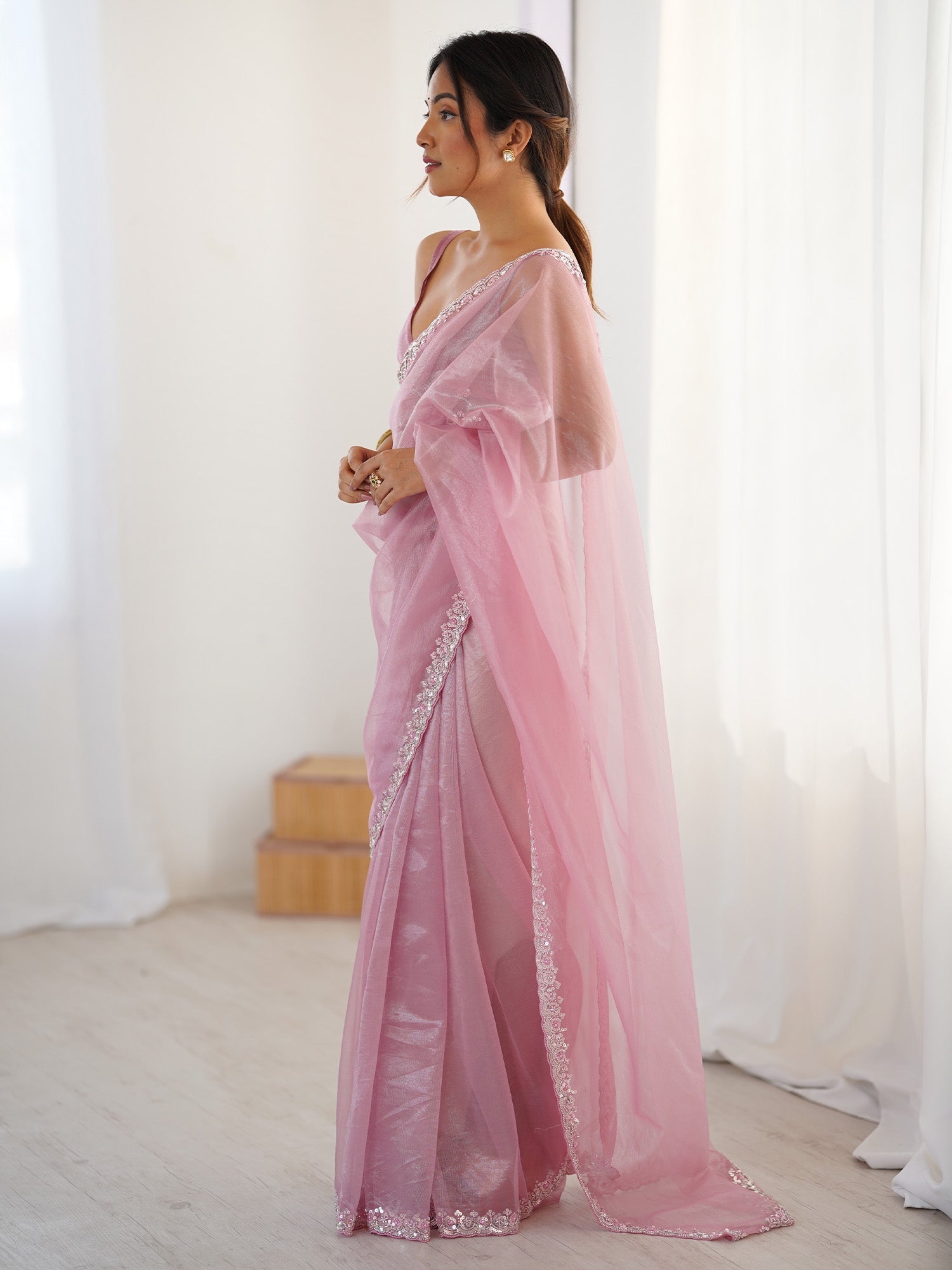 Pink Tissue Silk Zari Border Saree - Ressa