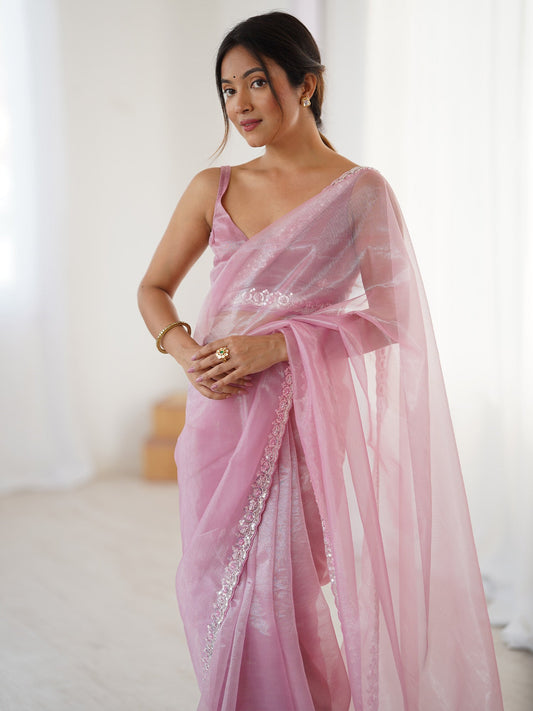 Pink Tissue Silk Zari Border Saree - Ressa